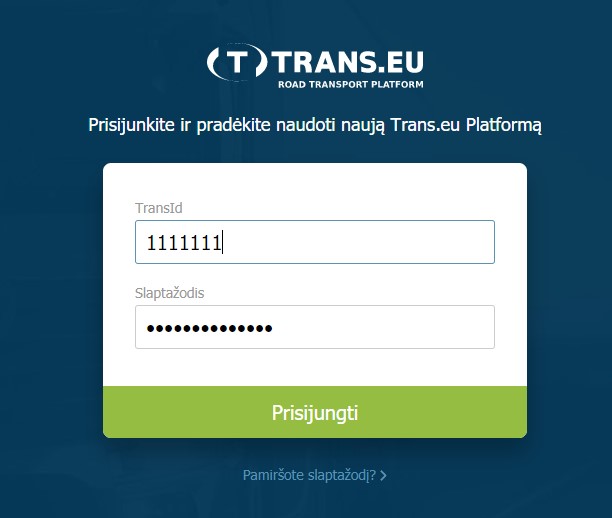 Prisijunkite prie Trans.eu Platformos įvesdami savo prisijungimo vardą ir slaptažodį