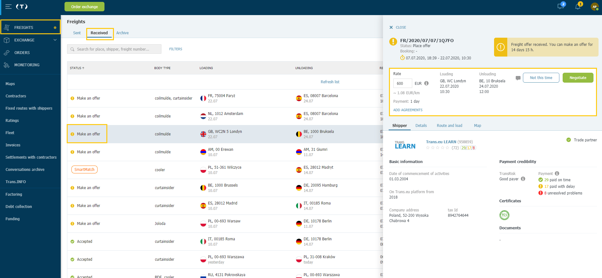 "Rate" field and select the "Negotiate"